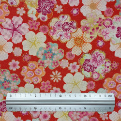 Red embossed cotton fabric with colorful cherry blossom patterns (110cm)