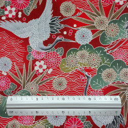 Tissu coton fuchsia fleurs et grues japonaises (110cm)