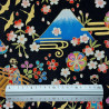 Black fabric with Japanese cranes Mt Fuji geisha and flowers patterns (110cm)