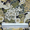 Tissu coton noir gris kaki doré grues éventails fleurs (110cm)