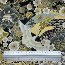 Black gold grey and kaki fabric with cranes flowers and fans patterns (110cm)