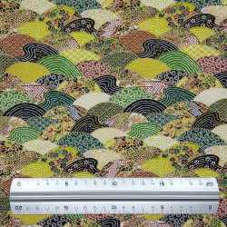 Tissu coton vert noir blanc marron vagues avec motifs japonais (110cm)