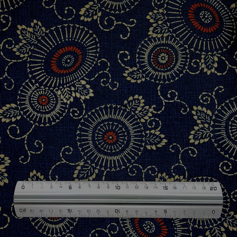 Tissu coton bleu nuit et rouge passiflores (110cm)