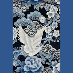 Dark blue fabric with Japanese cranes waves and flowers patterns (110cm)