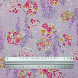 Tissu coton dobby mauve glycines et fleurs en ronds (110cm)