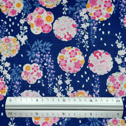 Tissu coton dobby bleu marine glycines et fleurs en ronds (110cm)