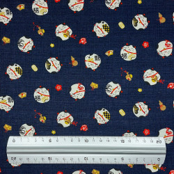 Midnight blue cotton dobby fabric with manekineko (110cm)