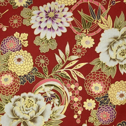 Dark red fabric with chrysanthemum peonies and leaves patterns (110cm)