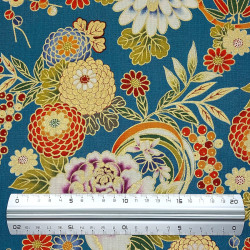 Peacock blue fabric with chrysanthemum peonies and leaves patterns (110cm)