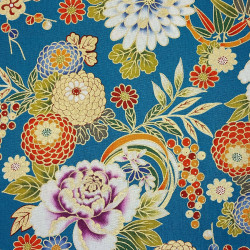Peacock blue fabric with chrysanthemum peonies and leaves patterns (110cm)