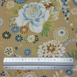 Beige fabric with chrysanthemum peonies and leaves patterns (110cm)