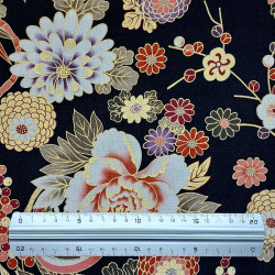 Black fabric with chrysanthemum peonies and leaves patterns (110cm)