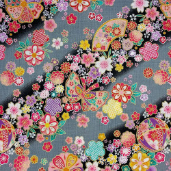 Black and grey fabric with multicolor flowers, fans and balls (110cm)