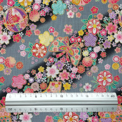 Black and grey fabric with multicolor flowers, fans and balls (110cm)