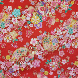 Tissu coton rouge fleurs éventails temari multicolores (110cm)