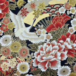 Black gold red and beige fabric with cranes flowers and fans patterns (110cm)