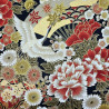 Black gold red and beige fabric with cranes flowers and fans patterns (110cm)