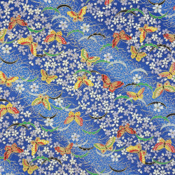 Tissu coton bleu marine papillons fleurs et feuilles (110cm)