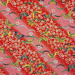 Tissu coton rouge papillons fleurs et feuilles (110cm)