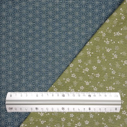 Green and duck blue reversible and textured cotton with sakura and asanoha patterns