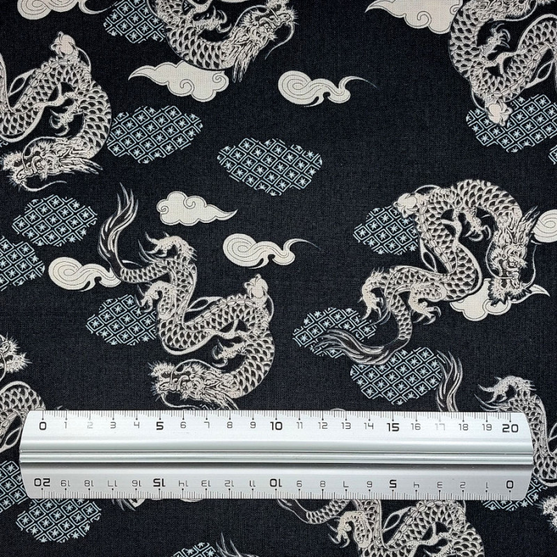 Black cotton fabric with japanese dragons patterns (110cm)