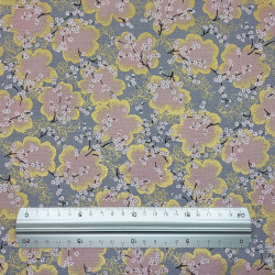 Cotton grey fabric with old pink and gold cherry blossom (110cm)