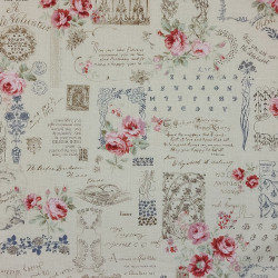 Cotton beige fabric with roses and romantic retro writings (110cm)