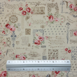 Cotton beige fabric with roses and romantic retro writings (110cm)