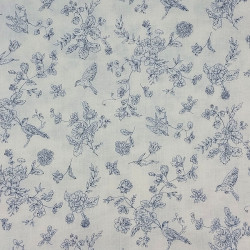 Off-white cotton fabric with dark blue retro birds and flowers (110cm)