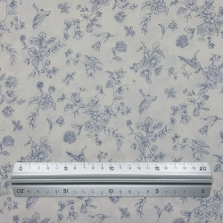 Off-white cotton fabric with dark blue retro birds and flowers (110cm)