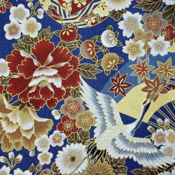 Blue gold red and brown fabric with cranes flowers and fans patterns (110cm)