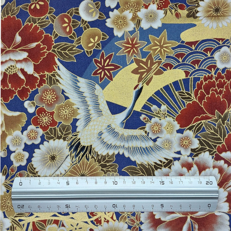 Tissu coton bleu rouge marron doré grues éventails fleurs (110cm)