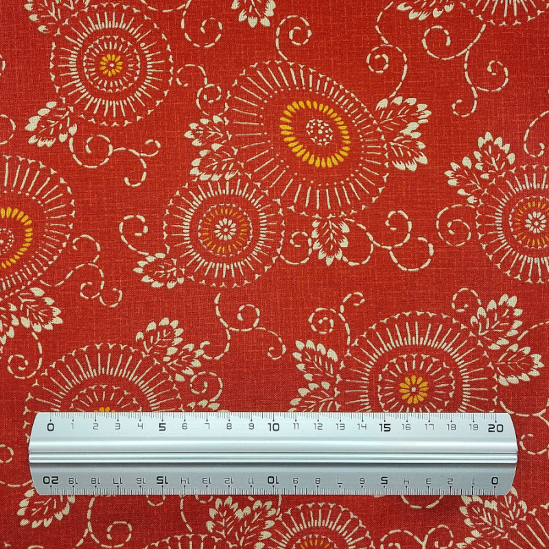 Rust red false-plain cotton fabric with passion flowers patterns (110cm)