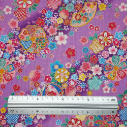 Purple fabric with multicolor flowers, fans and balls (110cm)