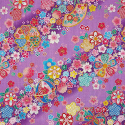 Tissu coton violet fleurs éventails temari multicolores (110cm)