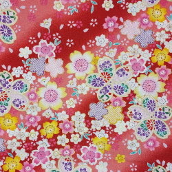 Red fabric with yellow and pink cherry blossoms patterns (110cm)