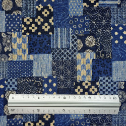 Dark blue rustic cotton fabric with boro style patterns (109cm)