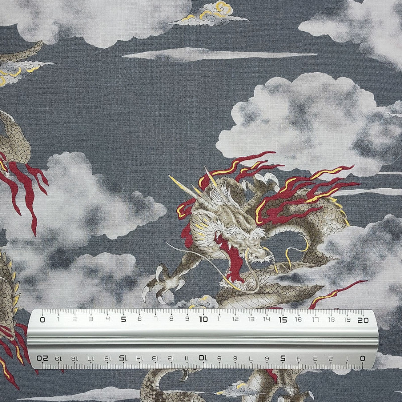 Grey cotton fabric with dragons and clouds (110cm)