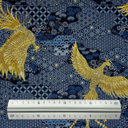 Tissu coton bleu foncé phénix et motifs traditionnels (110cm)