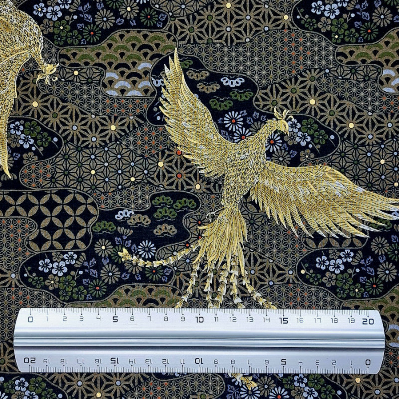 Black cotton fabric with phoenix and traditional patterns (110cm)