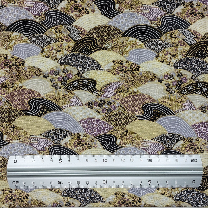 Tissu coton noir mauve blanc vagues avec motifs japonais (110cm)