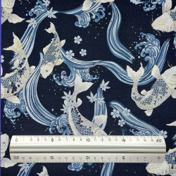 Tissu coton bleu nuit carpes et vagues (110cm)