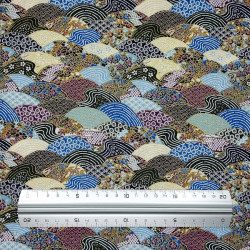 Tissu coton bleu noir blanc violet vagues avec motifs japonais (110cm)