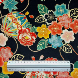 Tissu coton noir fleurs et balles temari (110cm)