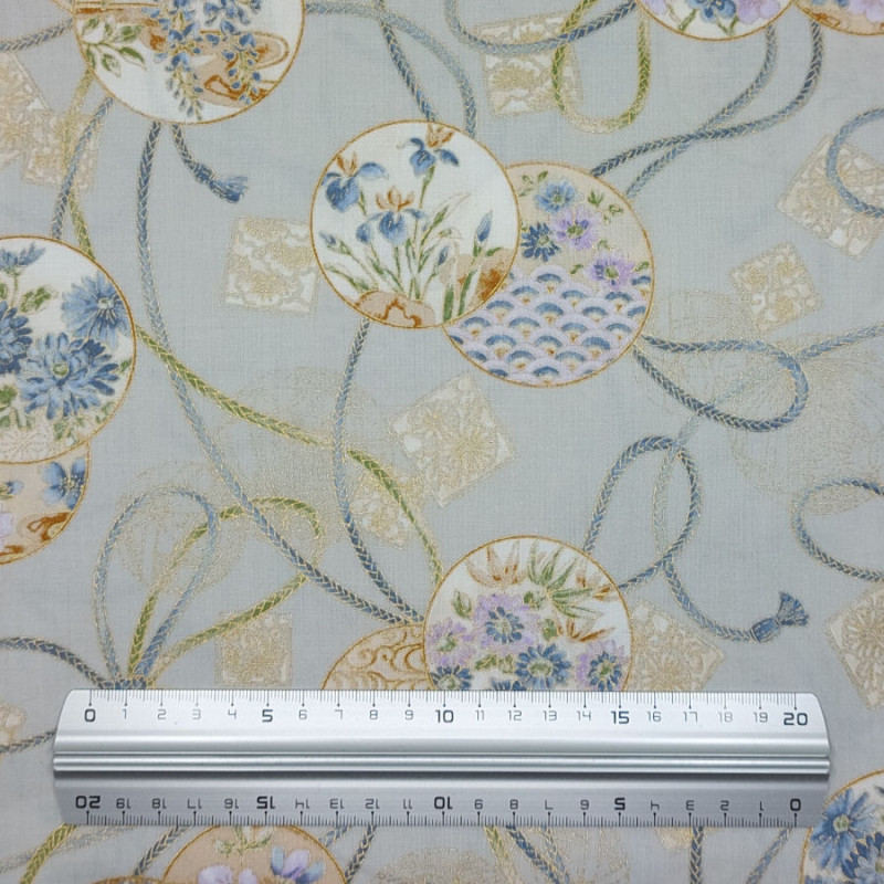 Light grey Japanese cotton fabric with circles flowers and cords (110cm)