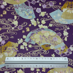 Tissu coton violet prune éventails et fleurs (110cm)