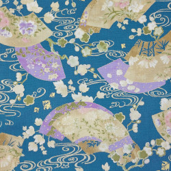 Tissu coton bleu canard éventails et fleurs (110cm)