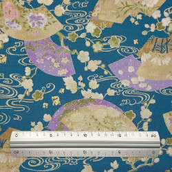 Duck blue Japanese cotton fabric with fans and flowers (110cm)