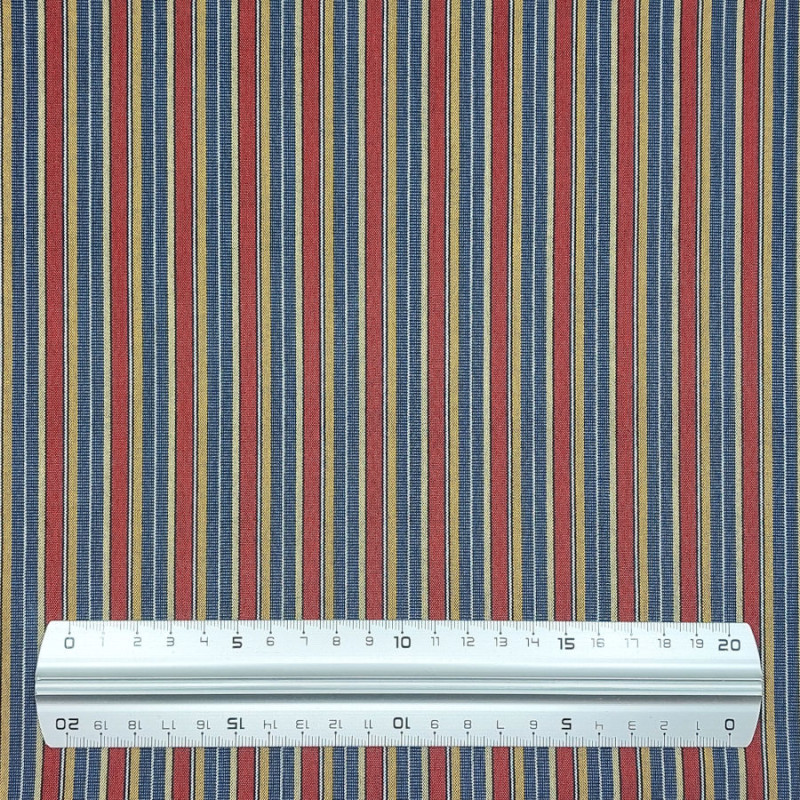 Tissu coton tissé rayures bleues jaunes rouges blanches (115cm)