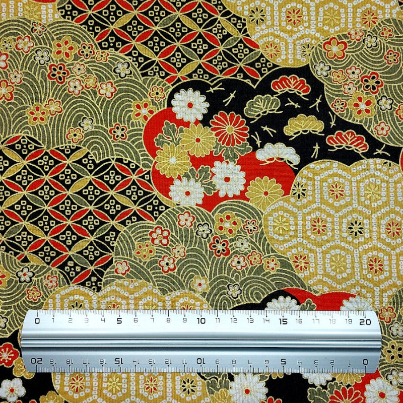 Yellow red black and kaki Japanese cotton fabric with geometrical patterns and flowers (110cm)